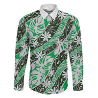 Matie Tahiti Tiare Monstera Family Matching Puletasi and Hawaiian Shirt Polynesian Pattern Curve Style LT01 Dad's Shirt - Long Sleeve Green - Polynesian Pride