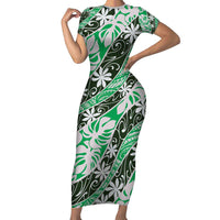 Matie Tahiti Tiare Monstera Family Matching Short Sleeve Bodycon Dress and Hawaiian Shirt Polynesian Pattern Curve Style - Polynesian Pride