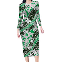 Matie Tahiti Tiare Monstera Long Sleeve Bodycon Dress Polynesian Pattern Curve Style - Polynesian Pride