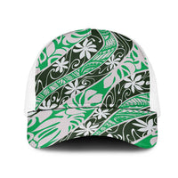 Matie Tahiti Tiare Monstera Mesh Trucker Cap Polynesian Pattern Curve Style LT01 One Size White Green - Polynesian Pride