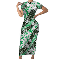 Matie Tahiti Tiare Monstera Short Sleeve Bodycon Dress Polynesian Pattern Curve Style - Polynesian Pride