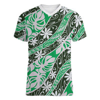 Matie Tahiti Tiare Monstera Women V-Neck T-Shirt Polynesian Pattern Curve Style LT01 Female Green - Polynesian Pride