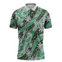 Matie Tahiti Tiare Monstera Zipper Polo Shirt Polynesian Pattern Curve Style LT01 Green - Polynesian Pride
