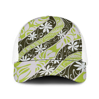 Olive Tahiti Tiare Monstera Baseball Net Cap Polynesian Pattern Curve Style LT01 One Size White Olive - Polynesian Pride