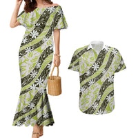 Olive Tahiti Tiare Monstera Couples Matching Mermaid Dress and Hawaiian Shirt Polynesian Pattern Curve Style LT01 Olive - Polynesian Pride