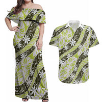 Olive Tahiti Tiare Monstera Couples Matching Off Shoulder Maxi Dress and Hawaiian Shirt Polynesian Pattern Curve Style LT01 Olive - Polynesian Pride