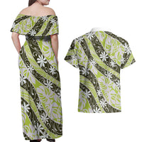 Olive Tahiti Tiare Monstera Couples Matching Off Shoulder Maxi Dress and Hawaiian Shirt Polynesian Pattern Curve Style LT01 - Polynesian Pride