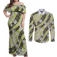 Olive Tahiti Tiare Monstera Couples Matching Off Shoulder Maxi Dress and Long Sleeve Button Shirt Polynesian Pattern Curve Style - Polynesian Pride