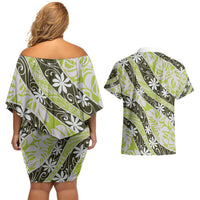 Olive Tahiti Tiare Monstera Couples Matching Off Shoulder Short Dress and Hawaiian Shirt Polynesian Pattern Curve Style - Polynesian Pride