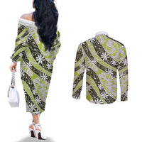 Olive Tahiti Tiare Monstera Couples Matching Off The Shoulder Long Sleeve Dress and Long Sleeve Button Shirt Polynesian Pattern Curve Style - Polynesian Pride