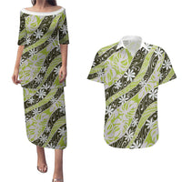 Olive Tahiti Tiare Monstera Couples Matching Puletasi and Hawaiian Shirt Polynesian Pattern Curve Style LT01 Olive - Polynesian Pride