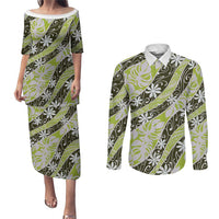 Olive Tahiti Tiare Monstera Couples Matching Puletasi and Long Sleeve Button Shirt Polynesian Pattern Curve Style LT01 Olive - Polynesian Pride