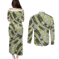 Olive Tahiti Tiare Monstera Couples Matching Puletasi and Long Sleeve Button Shirt Polynesian Pattern Curve Style LT01 - Polynesian Pride