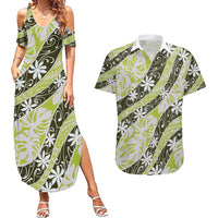 Olive Tahiti Tiare Monstera Couples Matching Summer Maxi Dress and Hawaiian Shirt Polynesian Pattern Curve Style LT01 Olive - Polynesian Pride