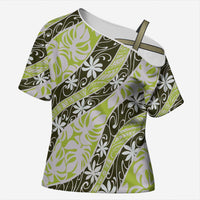 Olive Tahiti Tiare Monstera Cross Shoulder Shirt Polynesian Pattern Curve Style LT01 Female Olive - Polynesian Pride