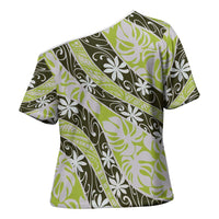 Olive Tahiti Tiare Monstera Cross Shoulder Shirt Polynesian Pattern Curve Style LT01 - Polynesian Pride