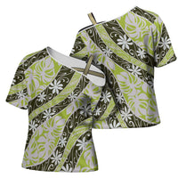 Olive Tahiti Tiare Monstera Cross Shoulder Shirt Polynesian Pattern Curve Style LT01 - Polynesian Pride