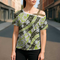Olive Tahiti Tiare Monstera Cross Shoulder Shirt Polynesian Pattern Curve Style LT01 - Polynesian Pride