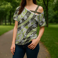 Olive Tahiti Tiare Monstera Cross Shoulder Shirt Polynesian Pattern Curve Style LT01 - Polynesian Pride