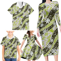 Olive Tahiti Tiare Monstera Family Matching Long Sleeve Bodycon Dress and Hawaiian Shirt Polynesian Pattern Curve Style - Polynesian Pride