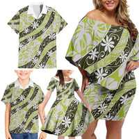 Olive Tahiti Tiare Monstera Family Matching Off Shoulder Short Dress and Hawaiian Shirt Polynesian Pattern Curve Style - Polynesian Pride