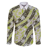 Olive Tahiti Tiare Monstera Family Matching Off Shoulder Short Dress and Hawaiian Shirt Polynesian Pattern Curve Style LT01 Dad's Shirt - Long Sleeve Olive - Polynesian Pride