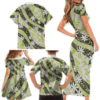 Olive Tahiti Tiare Monstera Family Matching Short Sleeve Bodycon Dress and Hawaiian Shirt Polynesian Pattern Curve Style - Polynesian Pride