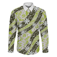 Olive Tahiti Tiare Monstera Family Matching Summer Maxi Dress and Hawaiian Shirt Polynesian Pattern Curve Style LT01 Dad's Shirt - Long Sleeve Olive - Polynesian Pride