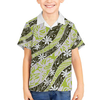 Olive Tahiti Tiare Monstera Kid Hawaiian Shirt Polynesian Pattern Curve Style LT01 Kid Olive - Polynesian Pride