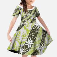 Olive Tahiti Tiare Monstera Kid Short Sleeve Dress Polynesian Pattern Curve Style LT01 KID Olive - Polynesian Pride
