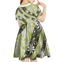 Olive Tahiti Tiare Monstera Kid Short Sleeve Dress Polynesian Pattern Curve Style LT01 - Polynesian Pride