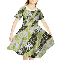 Olive Tahiti Tiare Monstera Kid Short Sleeve Dress Polynesian Pattern Curve Style LT01 - Polynesian Pride