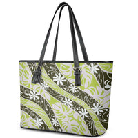 Olive Tahiti Tiare Monstera Leather Tote Bag Polynesian Pattern Curve Style - Polynesian Pride