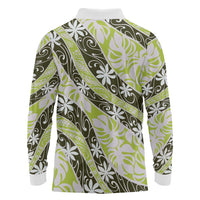 Olive Tahiti Tiare Monstera Long Sleeve Polo Shirt Polynesian Pattern Curve Style - Polynesian Pride
