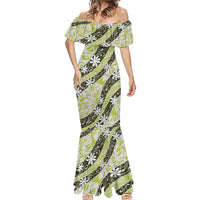 Olive Tahiti Tiare Monstera Mermaid Dress Polynesian Pattern Curve Style - Polynesian Pride
