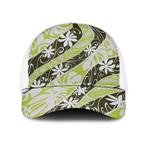 Olive Tahiti Tiare Monstera Mesh Trucker Cap Polynesian Pattern Curve Style LT01 One Size White Olive - Polynesian Pride