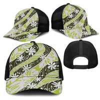 Olive Tahiti Tiare Monstera Mesh Trucker Cap Polynesian Pattern Curve Style LT01 - Polynesian Pride