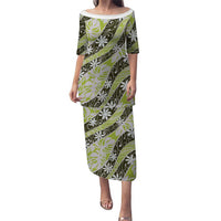 Olive Tahiti Tiare Monstera Puletasi Polynesian Pattern Curve Style LT01 Long Dress Olive - Polynesian Pride