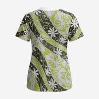 Olive Tahiti Tiare Monstera Scrub Top Polynesian Pattern Curve Style - Polynesian Pride