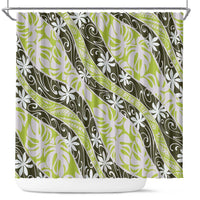 Olive Tahiti Tiare Monstera Shower Curtain Polynesian Pattern Curve Style - Polynesian Pride