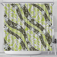 Olive Tahiti Tiare Monstera Shower Curtain Polynesian Pattern Curve Style - Polynesian Pride