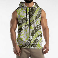 Olive Tahiti Tiare Monstera Sleeveless Zip Hoodie Polynesian Pattern Curve Style LT01 - Polynesian Pride