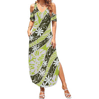 Olive Tahiti Tiare Monstera Summer Maxi Dress Polynesian Pattern Curve Style LT01 Women Olive - Polynesian Pride
