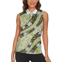 Olive Tahiti Tiare Monstera Women Sleeveless Polo Shirt Polynesian Pattern Curve Style - Polynesian Pride