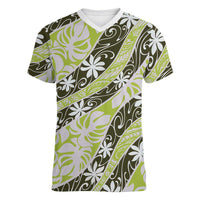 Olive Tahiti Tiare Monstera Women V-Neck T-Shirt Polynesian Pattern Curve Style LT01 Female Olive - Polynesian Pride