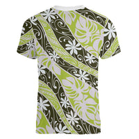 Olive Tahiti Tiare Monstera Women V-Neck T-Shirt Polynesian Pattern Curve Style LT01 - Polynesian Pride