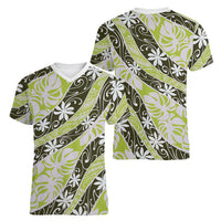 Olive Tahiti Tiare Monstera Women V-Neck T-Shirt Polynesian Pattern Curve Style LT01 - Polynesian Pride