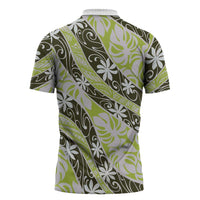 Olive Tahiti Tiare Monstera Zipper Polo Shirt Polynesian Pattern Curve Style LT01 - Polynesian Pride
