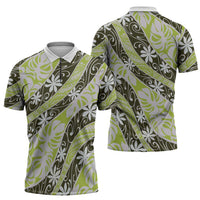 Olive Tahiti Tiare Monstera Zipper Polo Shirt Polynesian Pattern Curve Style LT01 - Polynesian Pride