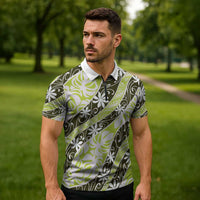 Olive Tahiti Tiare Monstera Zipper Polo Shirt Polynesian Pattern Curve Style LT01 - Polynesian Pride